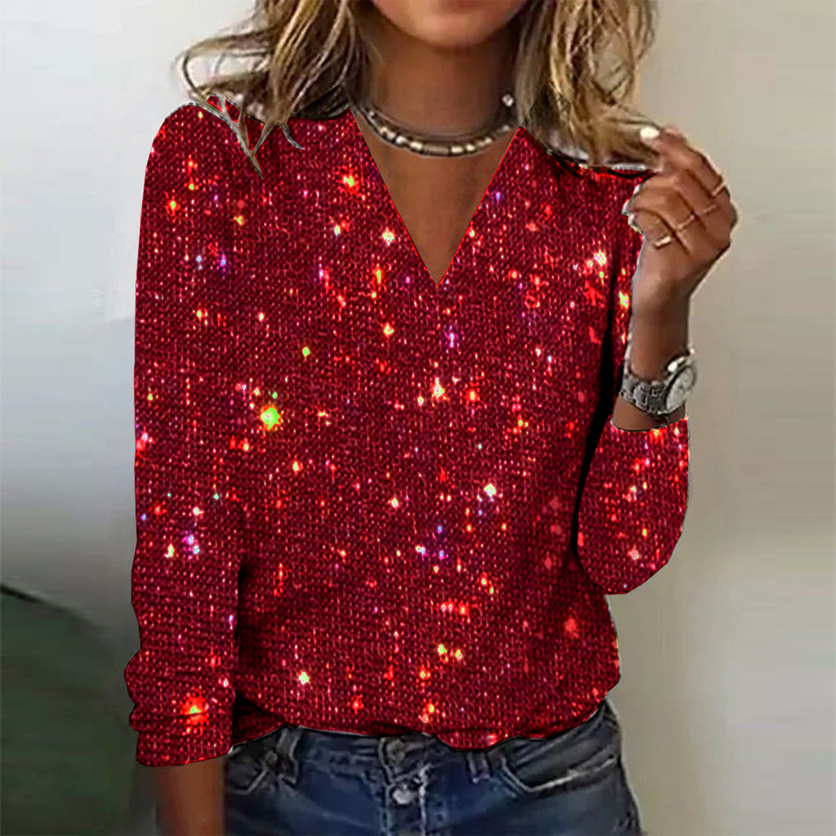 Damen - Schimmernde Langarmbluse - V-Ausschnitt - Elegante Bluse für jeden Anlass