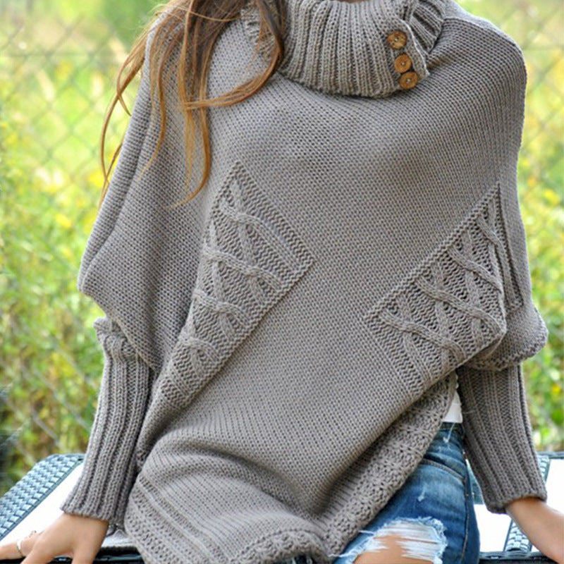 Damen - Gestrickter Poncho - Hohem Kragen - Bequemer Strick für Stil und Wärme