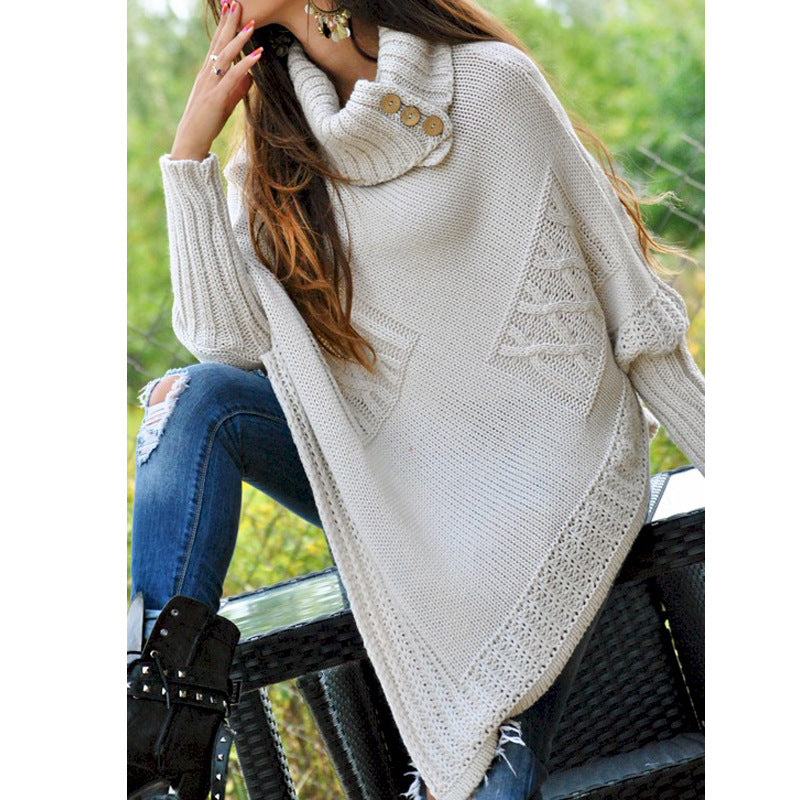 Damen - Gestrickter Poncho - Hohem Kragen - Bequemer Strick für Stil und Wärme