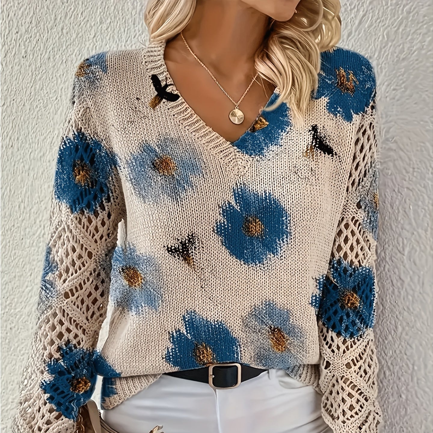 Damen - Pullover - Blumenmuster - Stylisches Strickmaterial - Modische Damenbekleidung