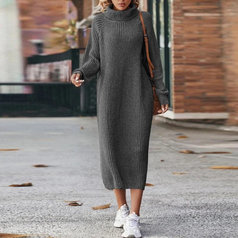Damen - Midi Rollkragen Strickpullover Kleid - Bequemes Strickmaterial - Stilvolles Herbstoutfit