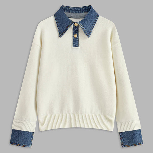 Damen - Pullover - Weichem Strick mit Denim Details - Lässiger Stil für jeden Anlass