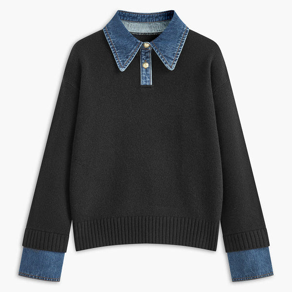 Damen - Pullover - Weichem Strick mit Denim Details - Lässiger Stil für jeden Anlass