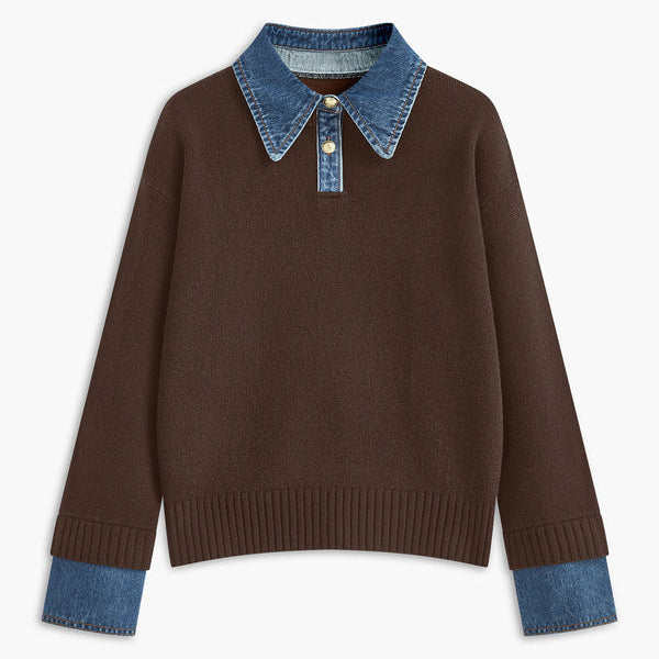 Damen - Pullover - Weichem Strick mit Denim Details - Lässiger Stil für jeden Anlass
