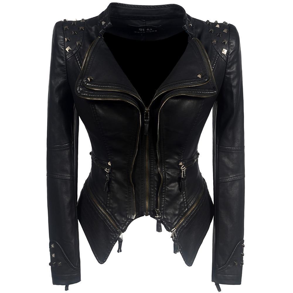 Damen - Bikerjacke - Schwarze Leder - Reißverschlüsse - Modisches Design für jeden Anlass