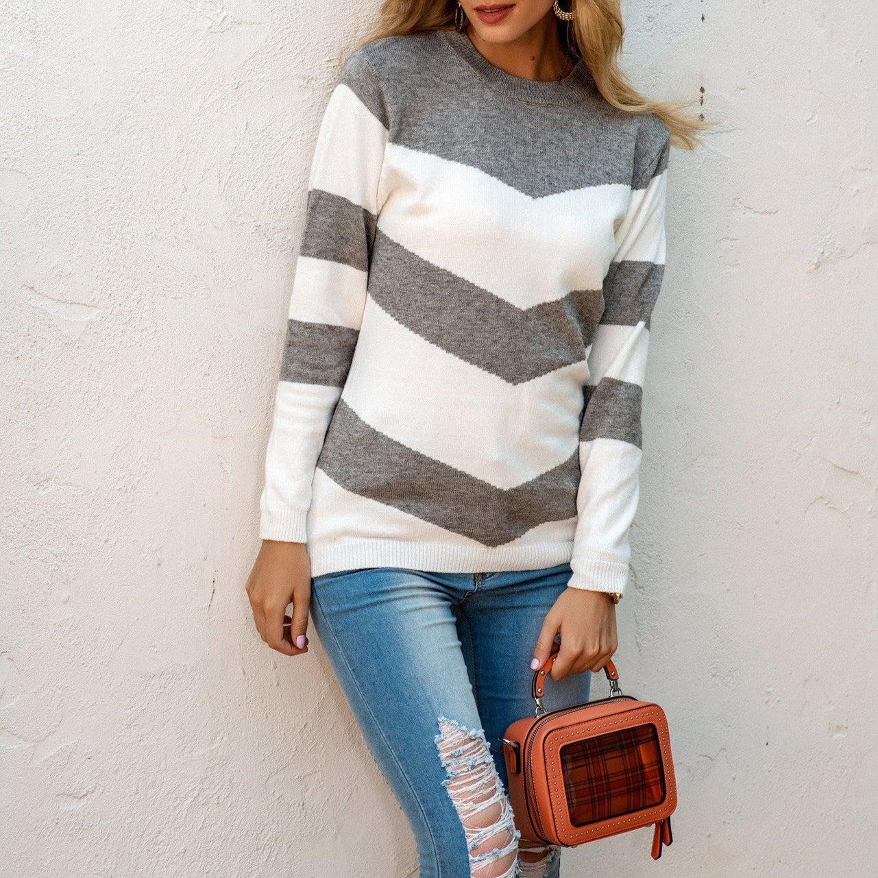 Damen - Pullover mit Chevron Muster - Rundhalsausschnitt - Bequemer Strickpulli für jeden Anlass