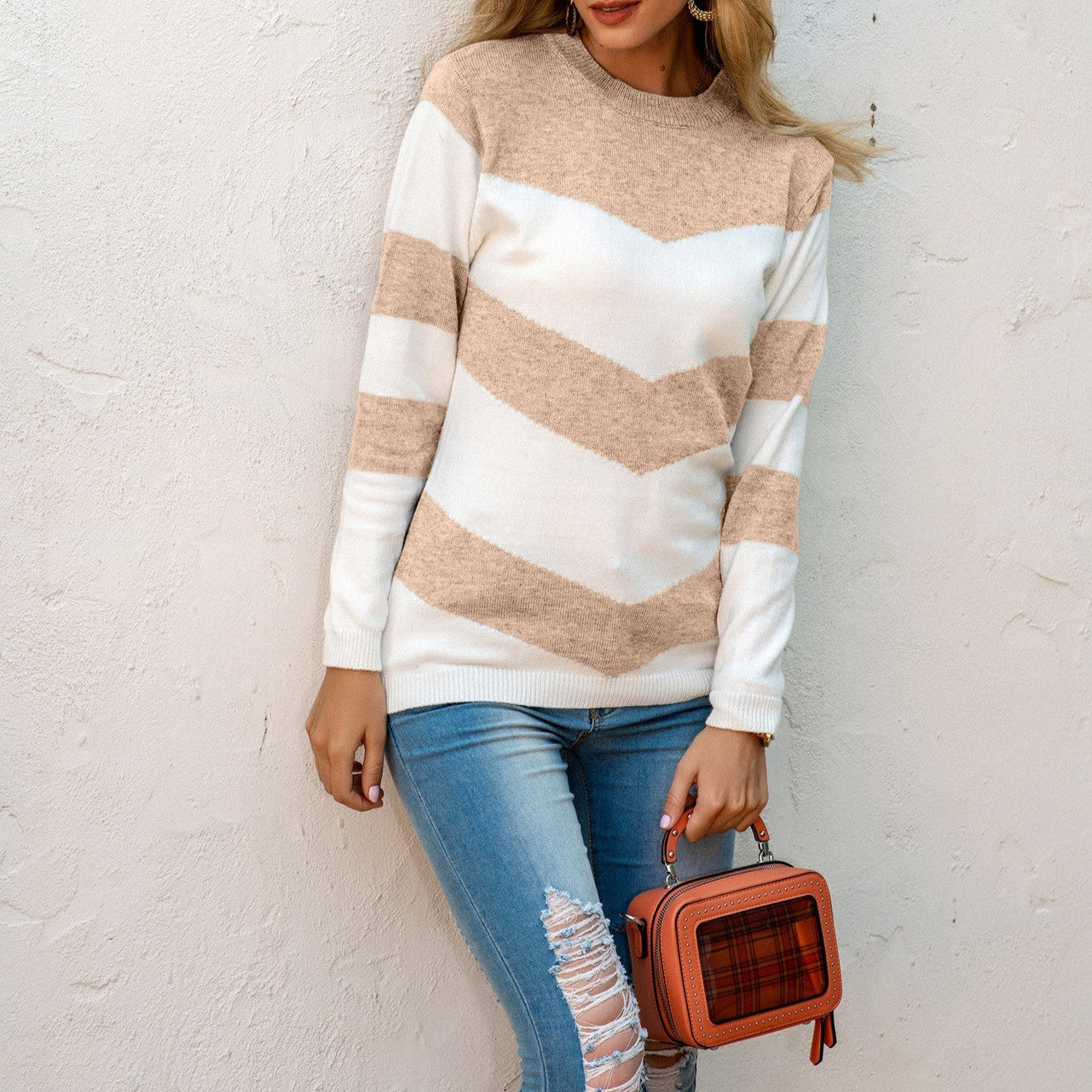 Damen - Pullover mit Chevron Muster - Rundhalsausschnitt - Bequemer Strickpulli für jeden Anlass