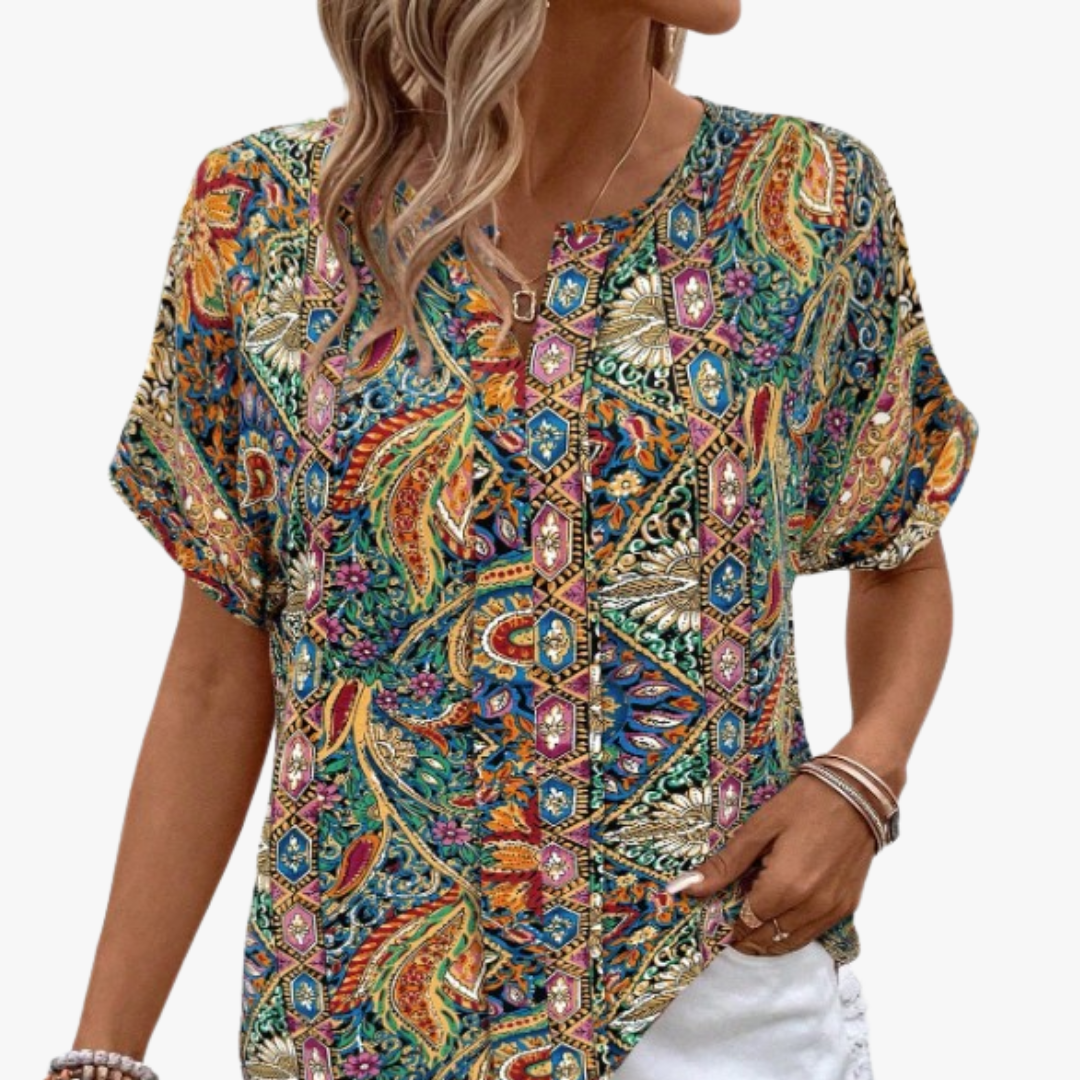Damen - Vintage Bluse - Baumwolle-Polyester-Gemisch - Hochwertiger Blumendruck - Eleganter Stil für jeden Anlass