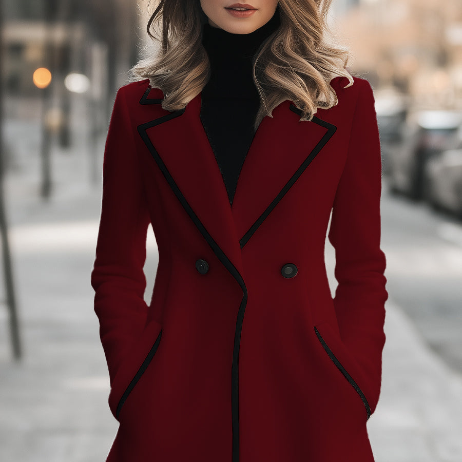 Damen - Doppelreihiger Mantel - Mischgewebe - Elegantem schwarzem Saum - Stilvoll und Warm für jede Gelegenheit