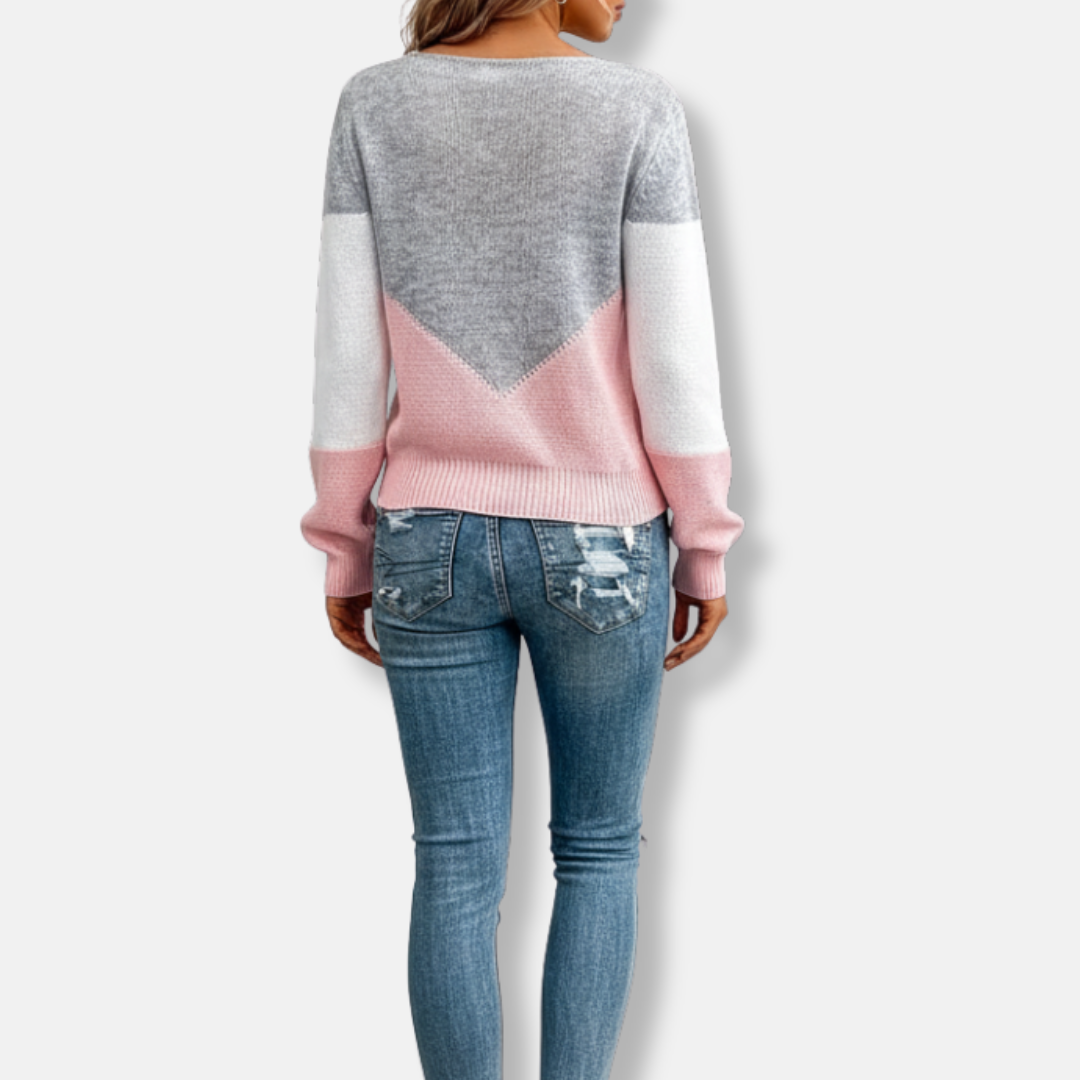 Damen - Farbblockmuster Pullover - Rundhalsausschnitt - Bequemer Strick - Modischer Stil für jeden Anlass