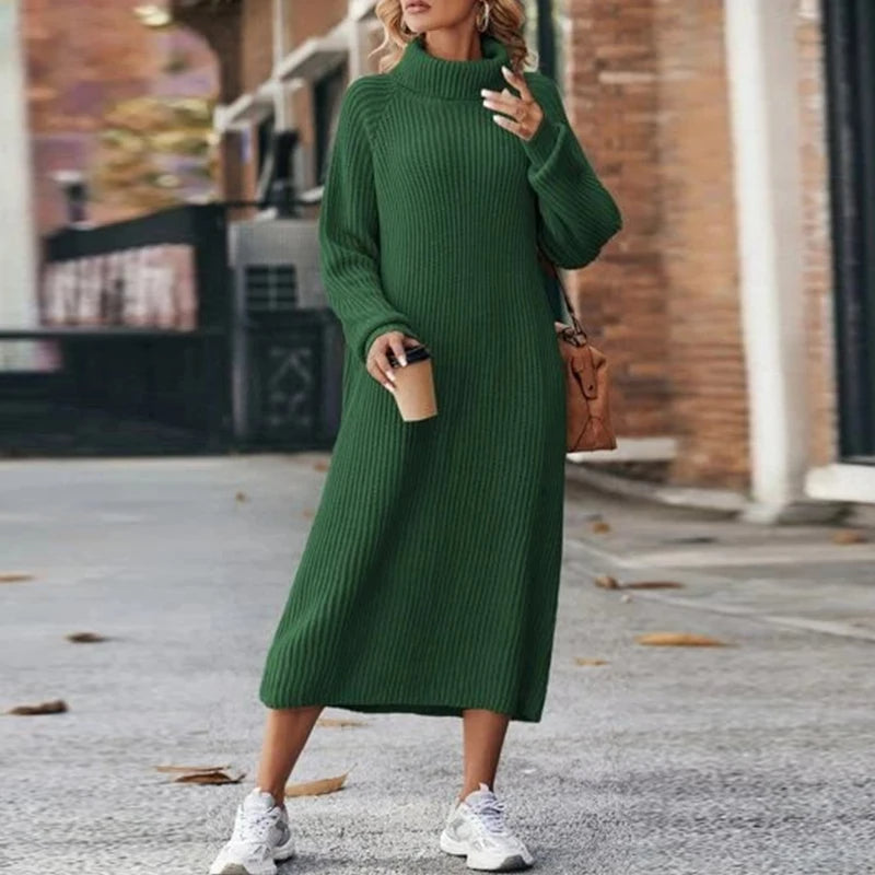 Damen - Midi Rollkragen Strickpullover Kleid - Bequemes Strickmaterial - Stilvolles Herbstoutfit