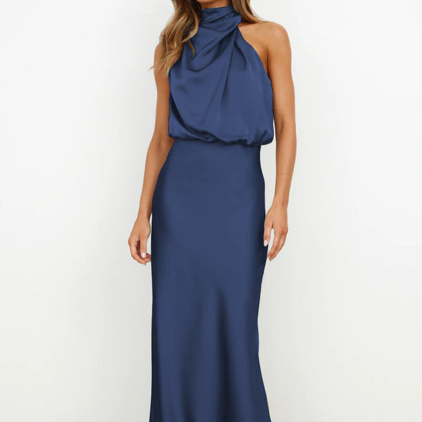 Damen - Elegantes langes Satin Kleid - Atmungsaktive Stoffe - Fließender Stil für besondere Anlässe