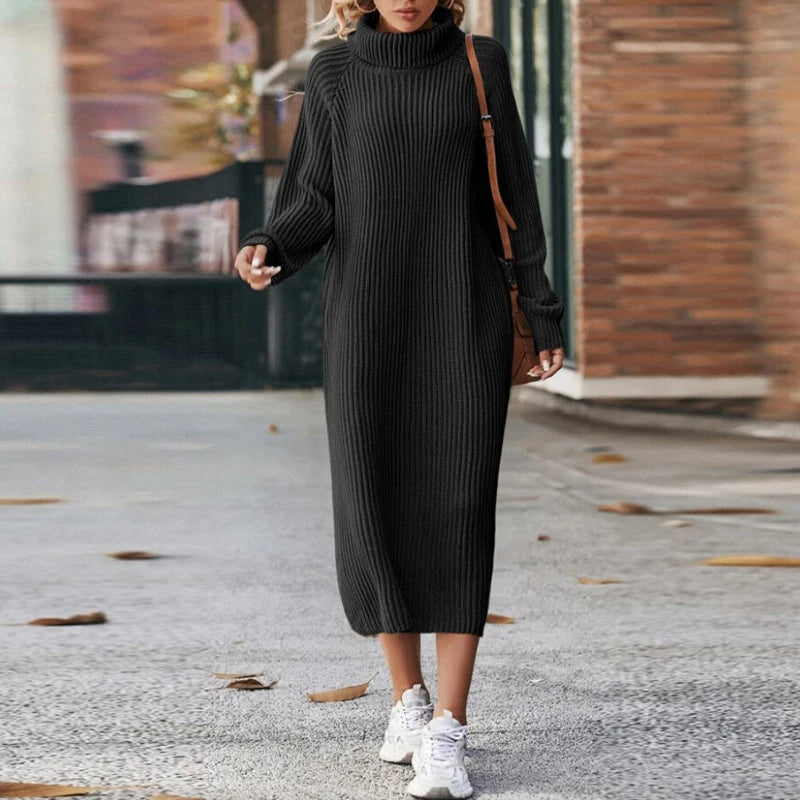 Damen - Midi Rollkragen Strickpullover Kleid - Bequemes Strickmaterial - Stilvolles Herbstoutfit