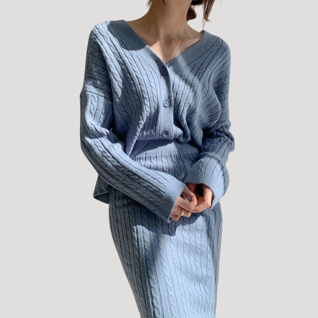 Damen - Strick Kombi Set - Midirock & Strickjacke - Weichem Material - Stilvolles Outfit für jede Gelegenheit