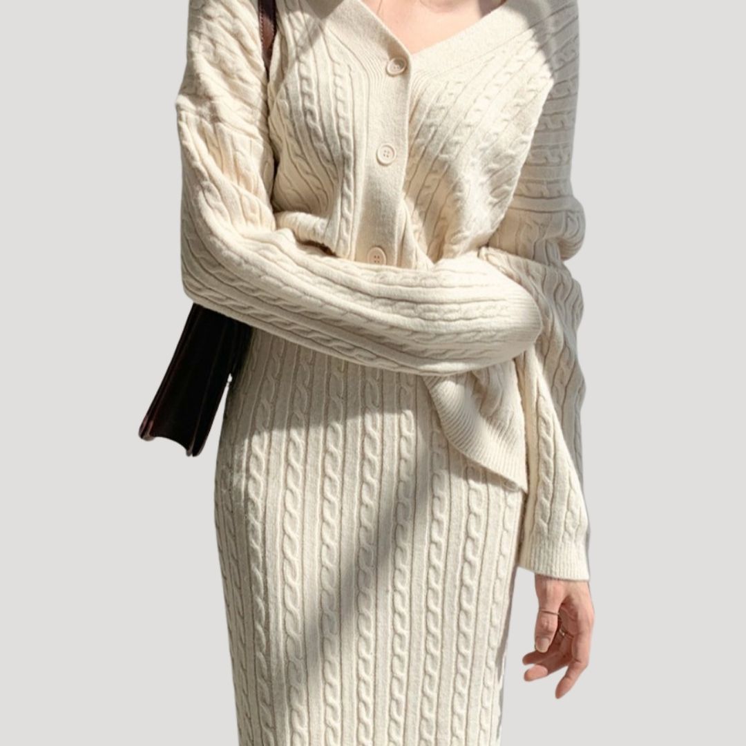 Damen - Strick Kombi Set - Midirock & Strickjacke - Weichem Material - Stilvolles Outfit für jede Gelegenheit