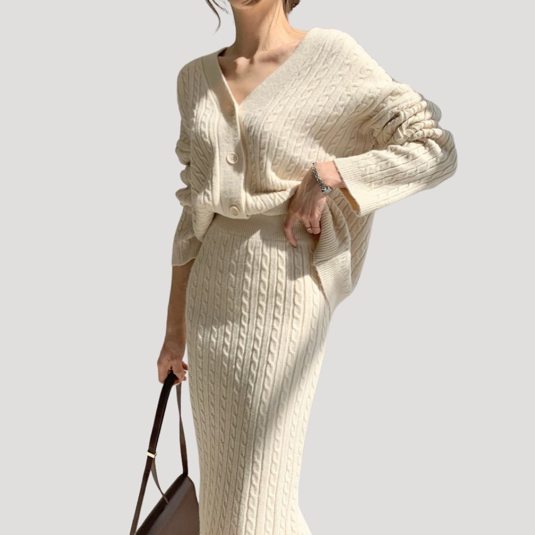 Damen - Strick Kombi Set - Midirock & Strickjacke - Weichem Material - Stilvolles Outfit für jede Gelegenheit