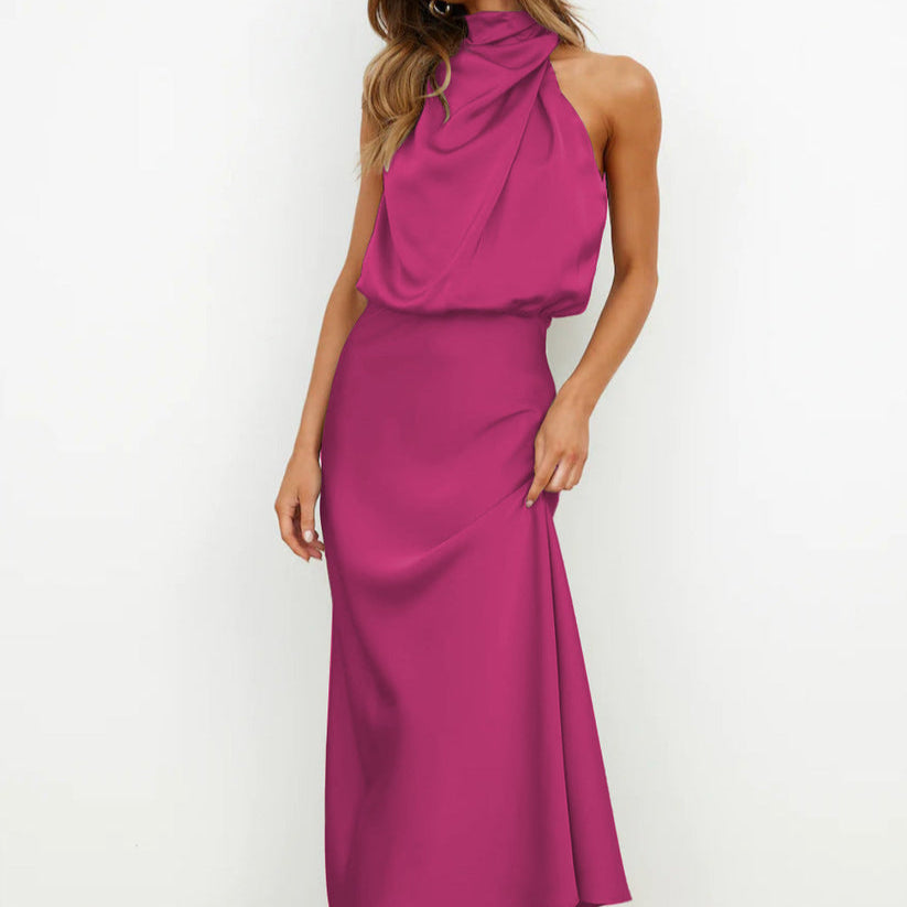 Damen - Elegantes langes Satin Kleid - Atmungsaktive Stoffe - Fließender Stil für besondere Anlässe