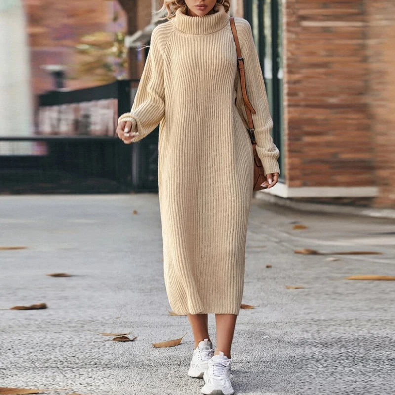 Damen - Midi Rollkragen Strickpullover Kleid - Bequemes Strickmaterial - Stilvolles Herbstoutfit