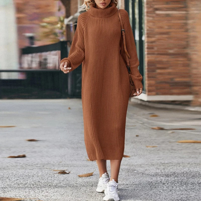Damen - Midi Rollkragen Strickpullover Kleid - Bequemes Strickmaterial - Stilvolles Herbstoutfit