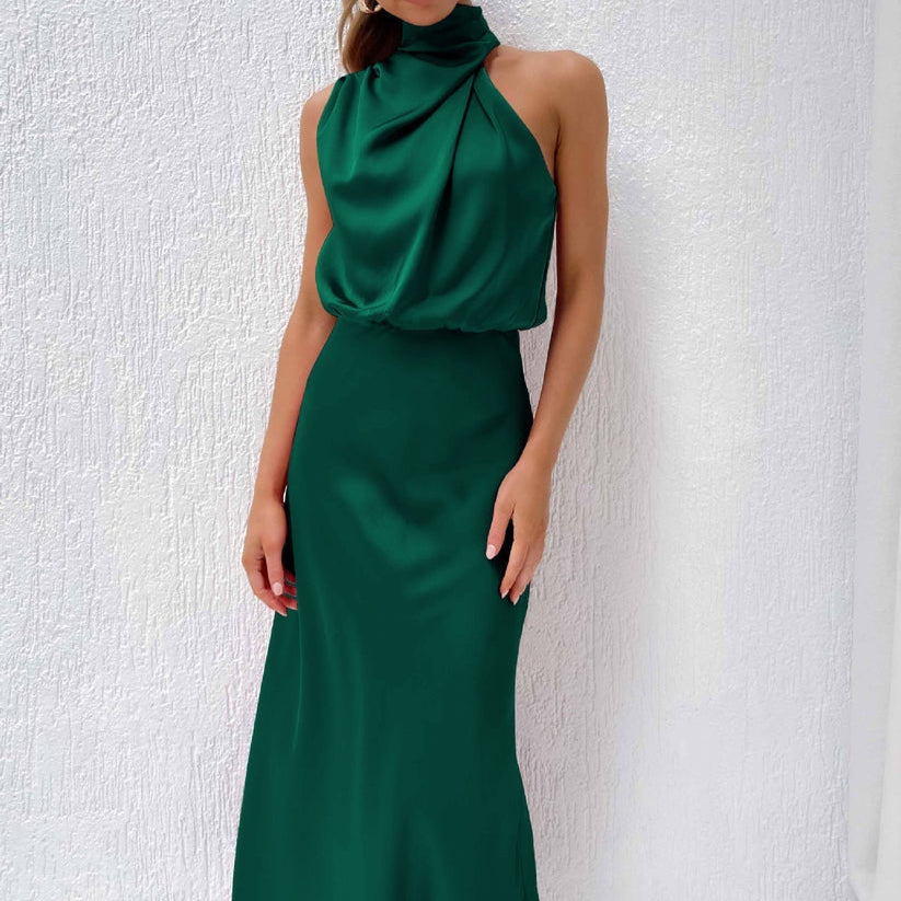 Damen - Elegantes langes Satin Kleid - Atmungsaktive Stoffe - Fließender Stil für besondere Anlässe