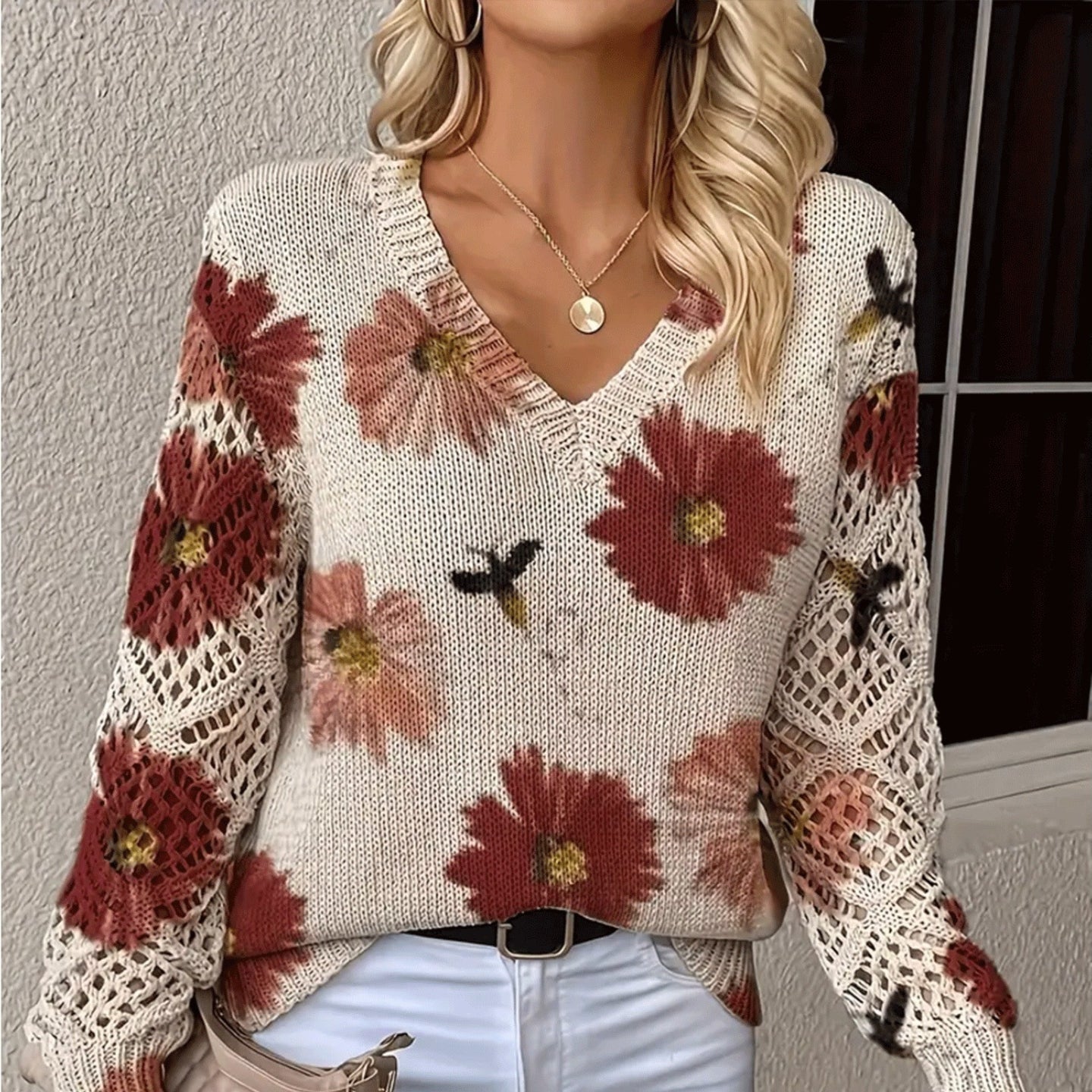 Damen - Pullover - Blumenmuster - Stylisches Strickmaterial - Modische Damenbekleidung
