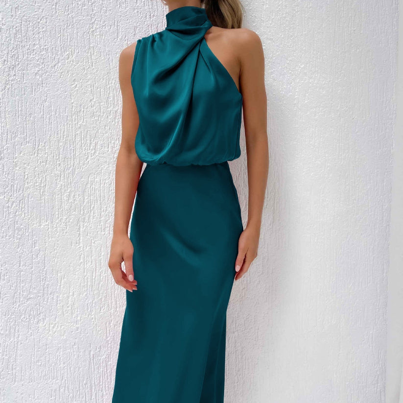 Damen - Elegantes langes Satin Kleid - Atmungsaktive Stoffe - Fließender Stil für besondere Anlässe