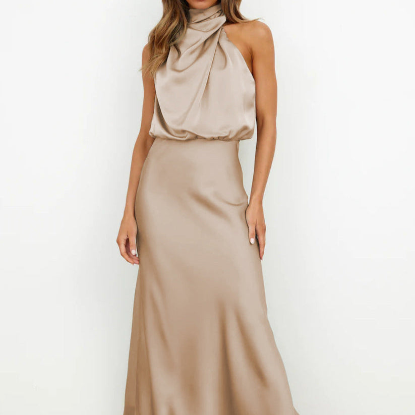 Damen - Elegantes langes Satin Kleid - Atmungsaktive Stoffe - Fließender Stil für besondere Anlässe