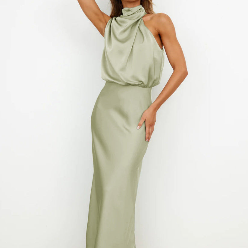 Damen - Elegantes langes Satin Kleid - Atmungsaktive Stoffe - Fließender Stil für besondere Anlässe