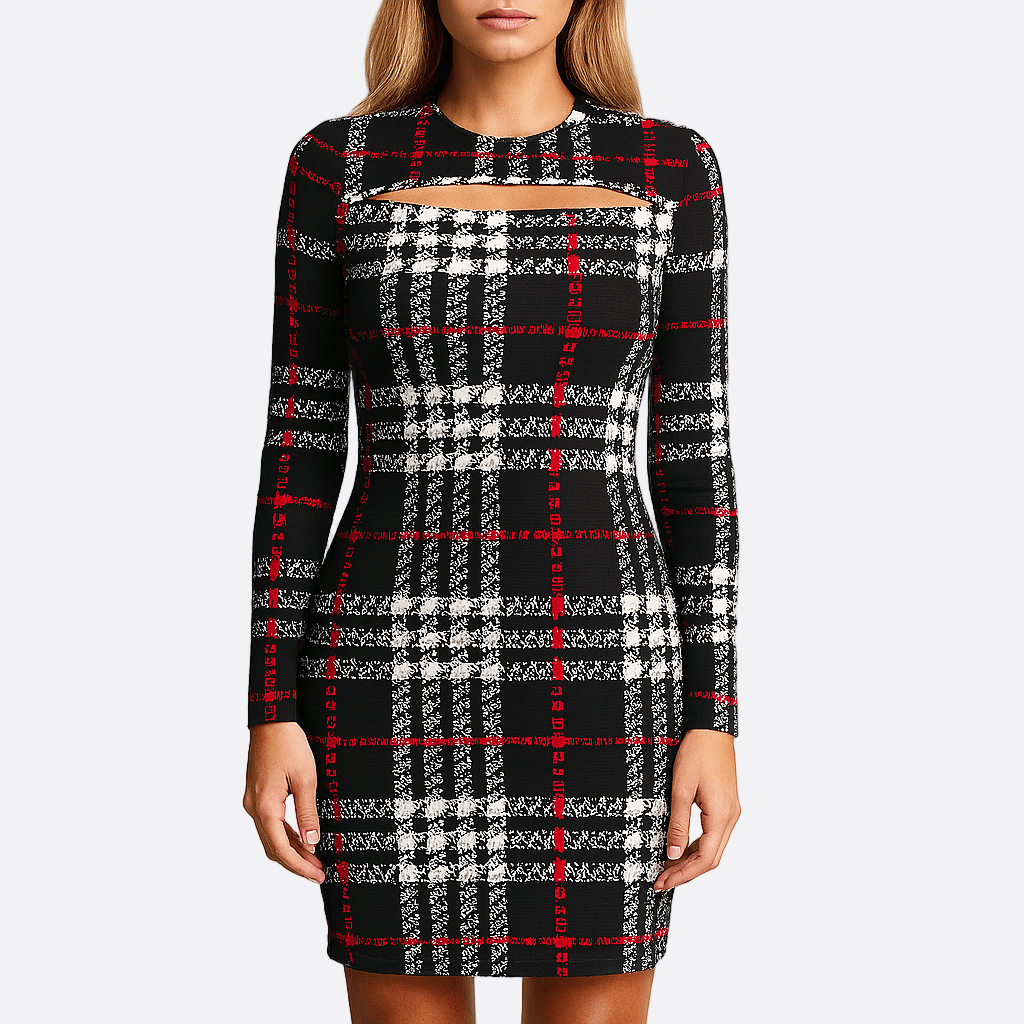 Damen - Ausgeschnittenes Karokleid - Stretch Stoff - Elegantes Design für jeden Anlass