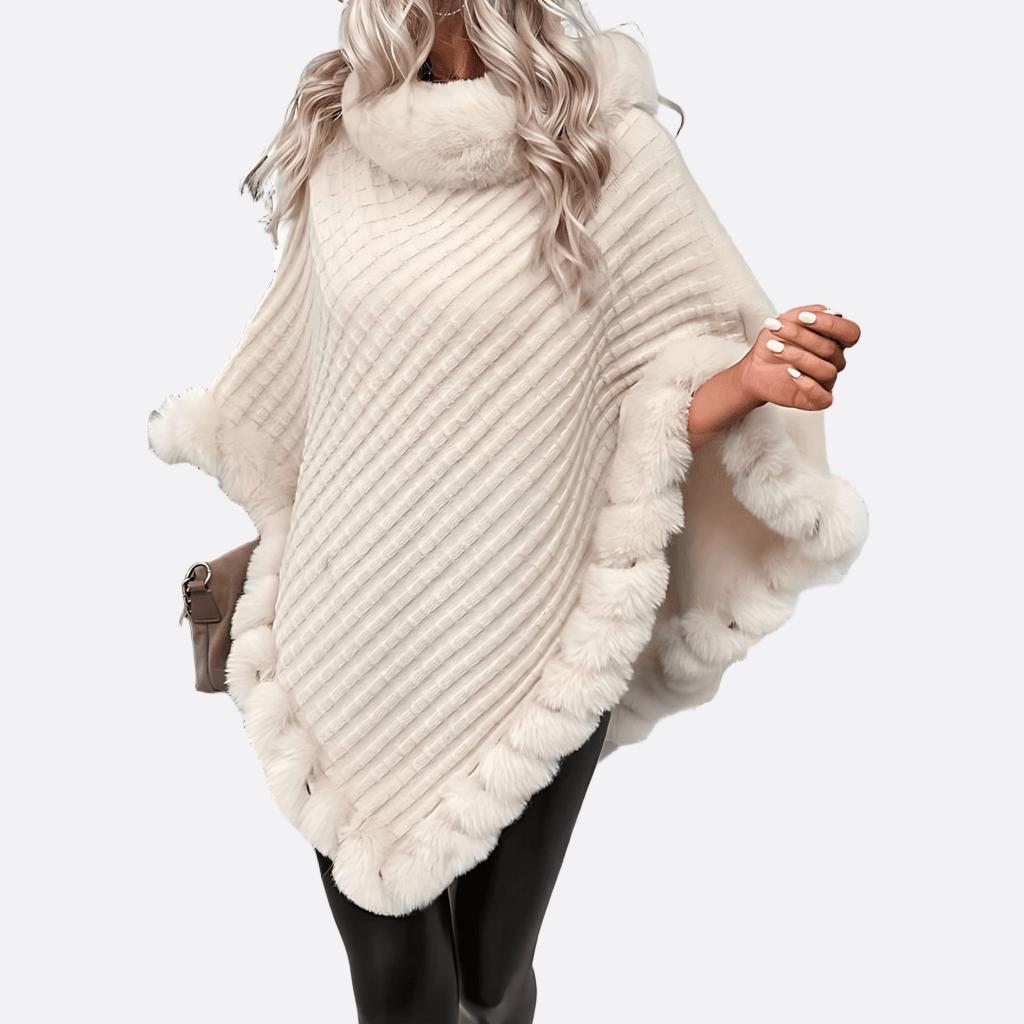 Damen - Flauschiger Beigefarbener Poncho - Rautenmuster - Stilvolles und Gemütliches Accessoire