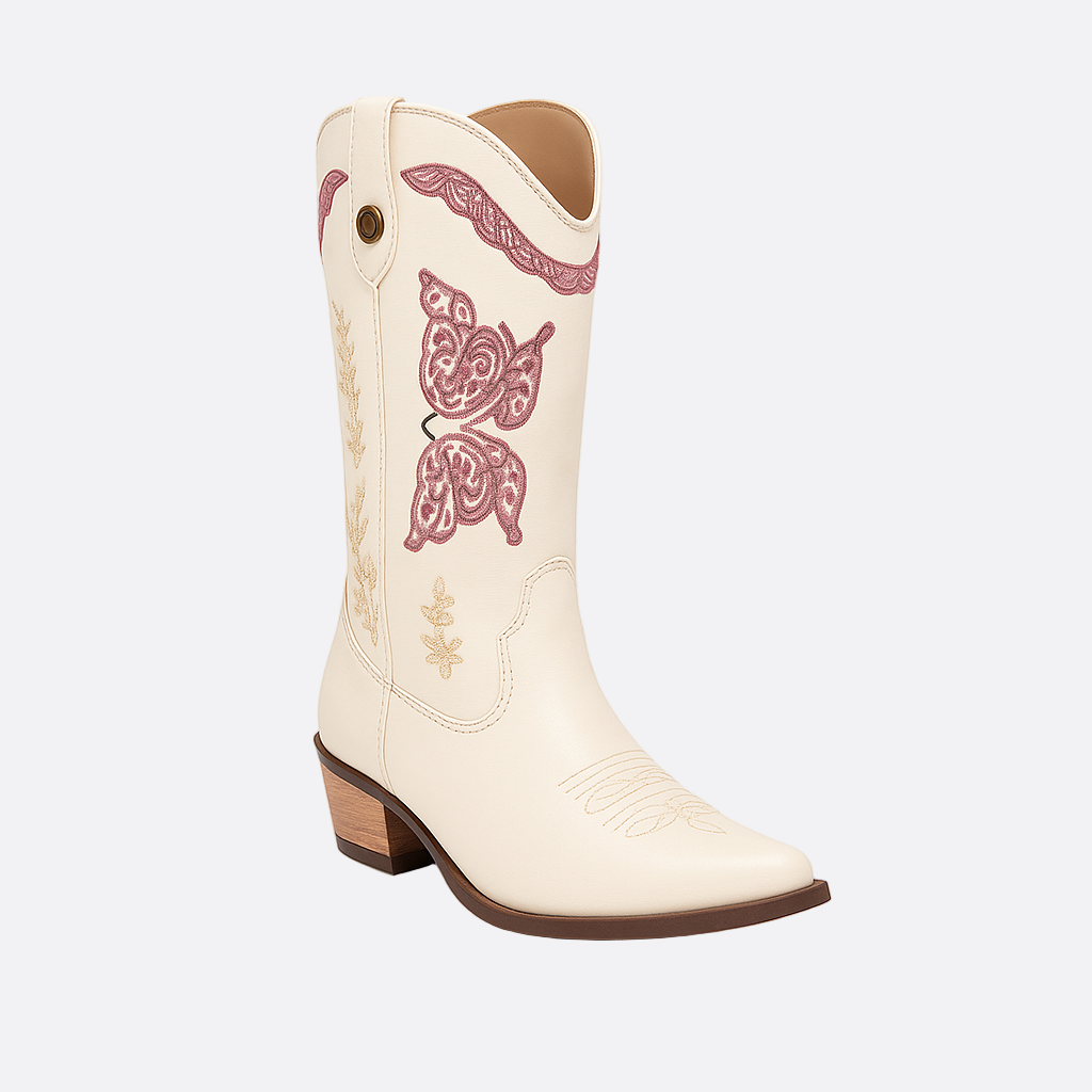 Damen - Bestickte Westernstiefel - Leder - Halbhoher Schaft - Stilvolle und robuste Schuhe für jeden Anlass