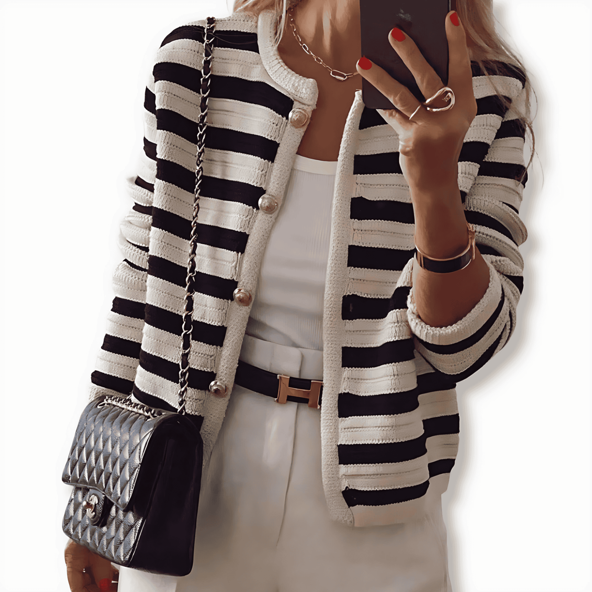 Damen - Gestreifte Strickjacke - Klassische Passform mit Knopfleiste - Stilvoll und Bequem