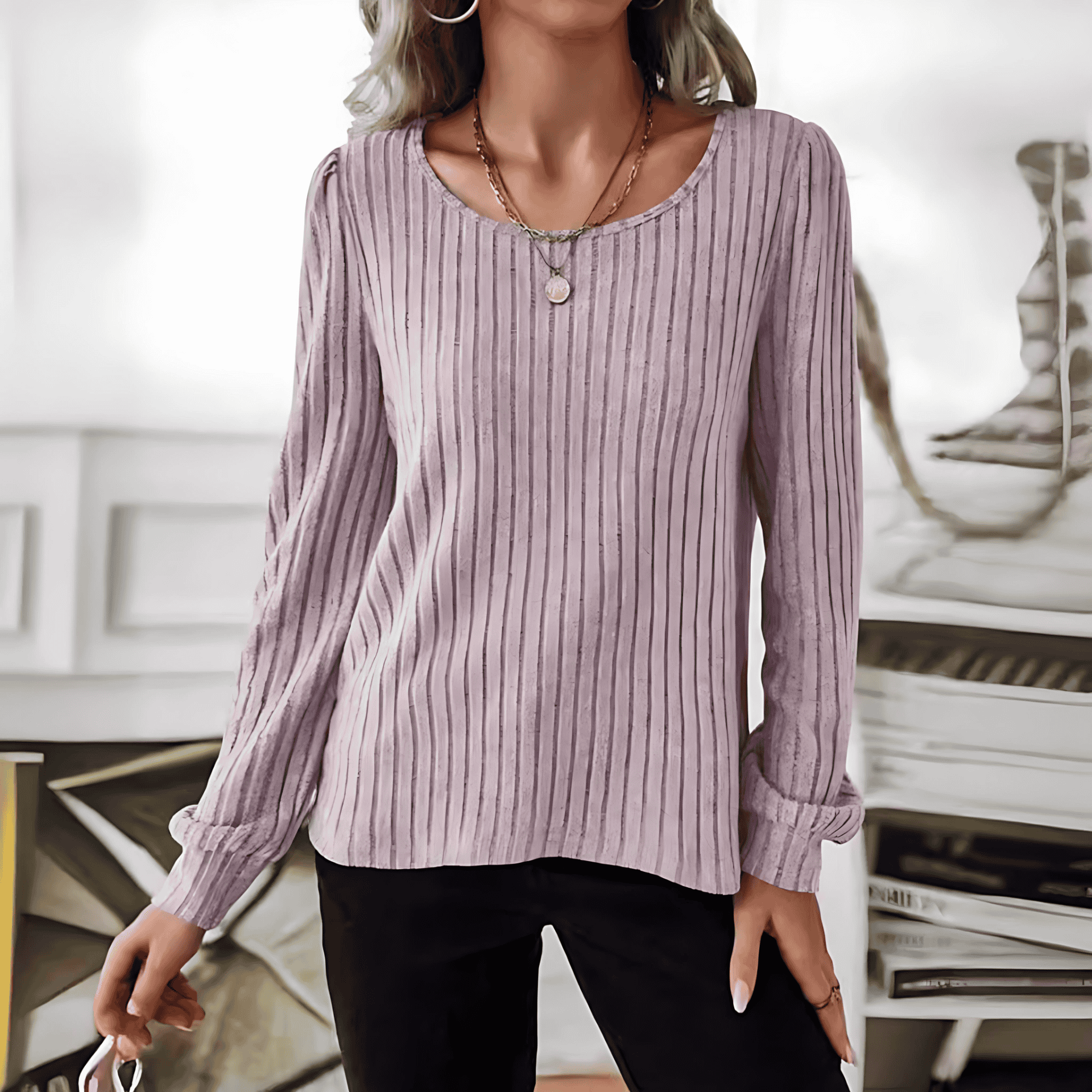 Damen - Gestreifter Pullover - Puffärmel Design - Bequemer Stil für jedes Outfit