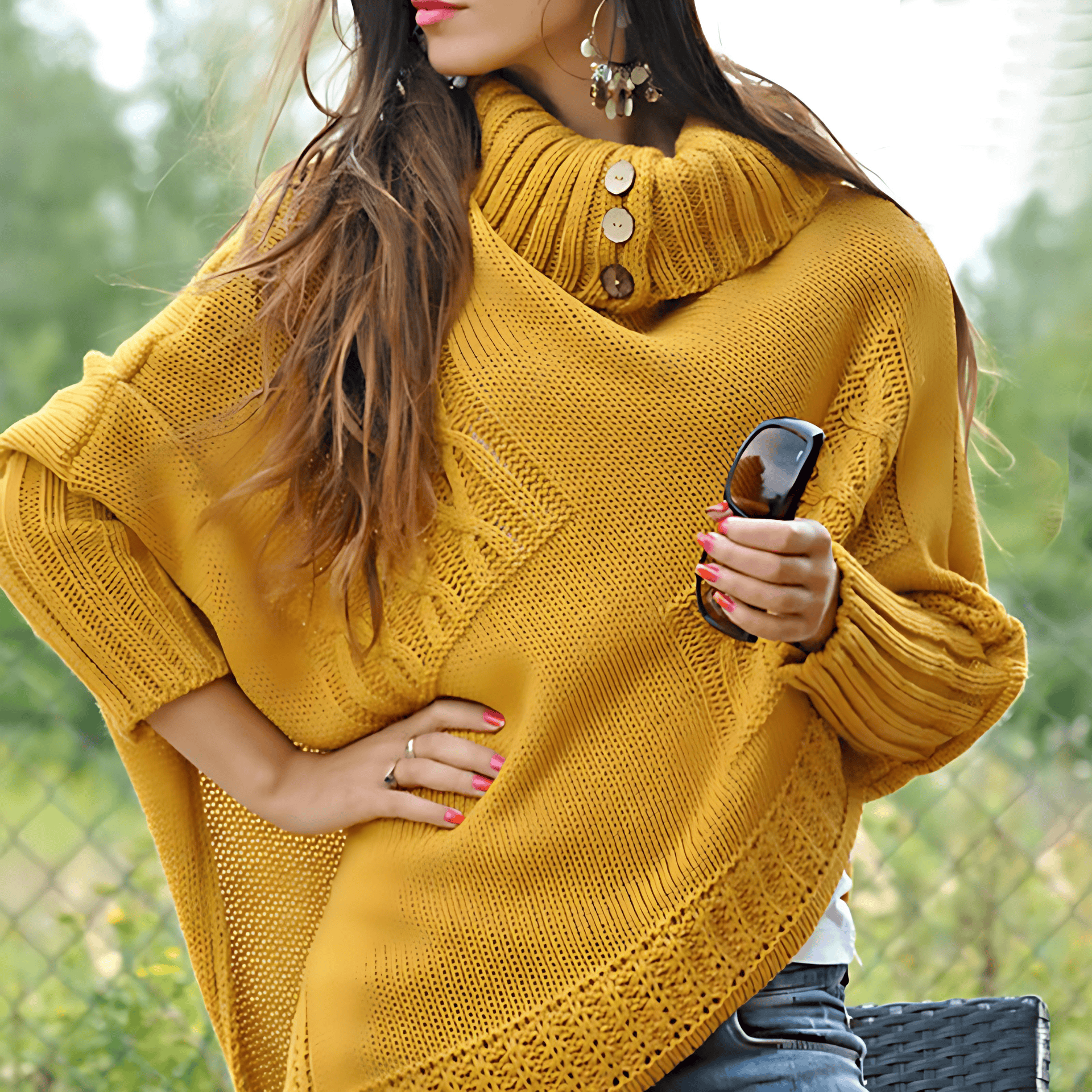 Damen - Gestrickter Poncho - Hohem Kragen - Bequemer Strick für Stil und Wärme
