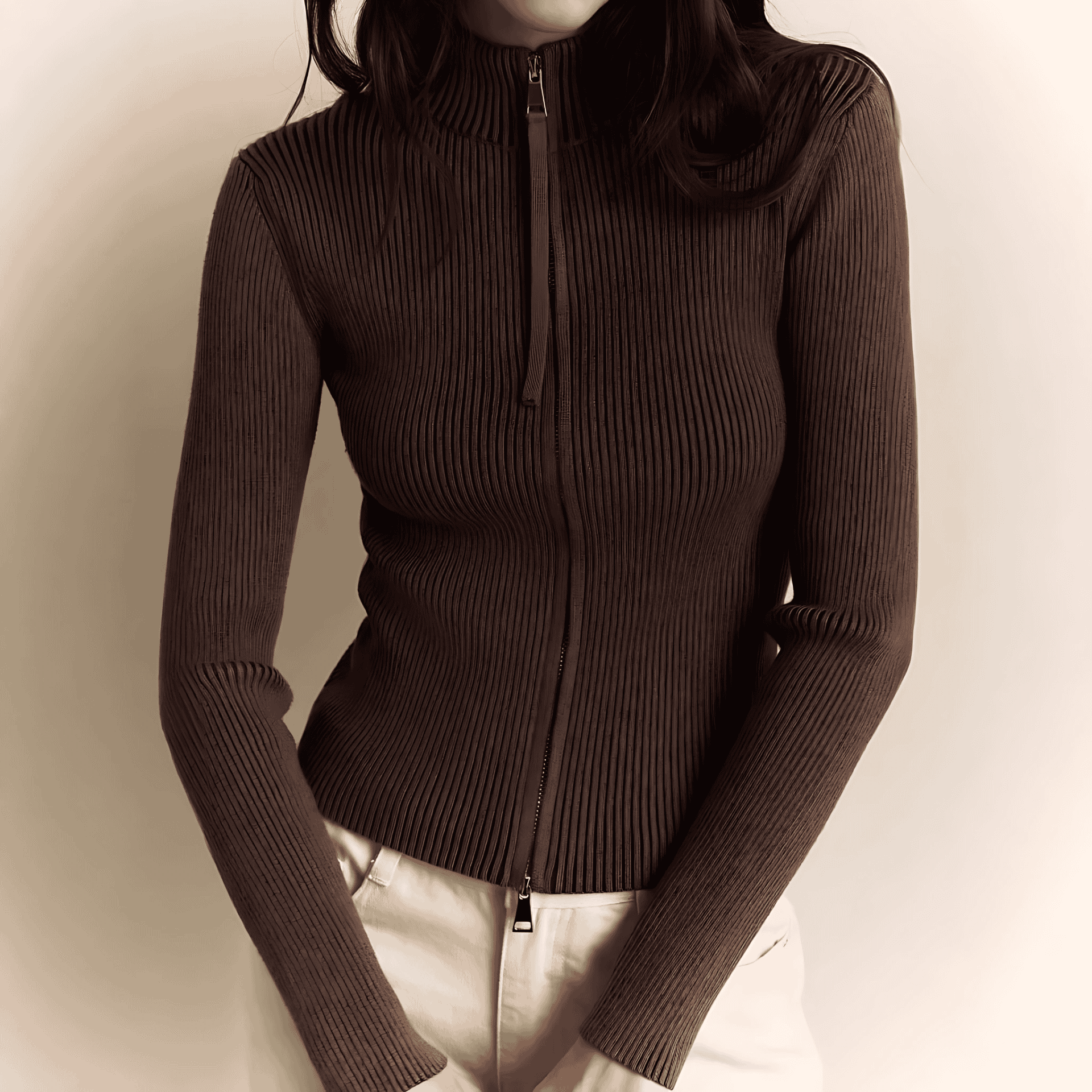 Damen - Gestrickter Pullover - Hoher Kragen - Reißverschluss - Bequem und Stilvoll