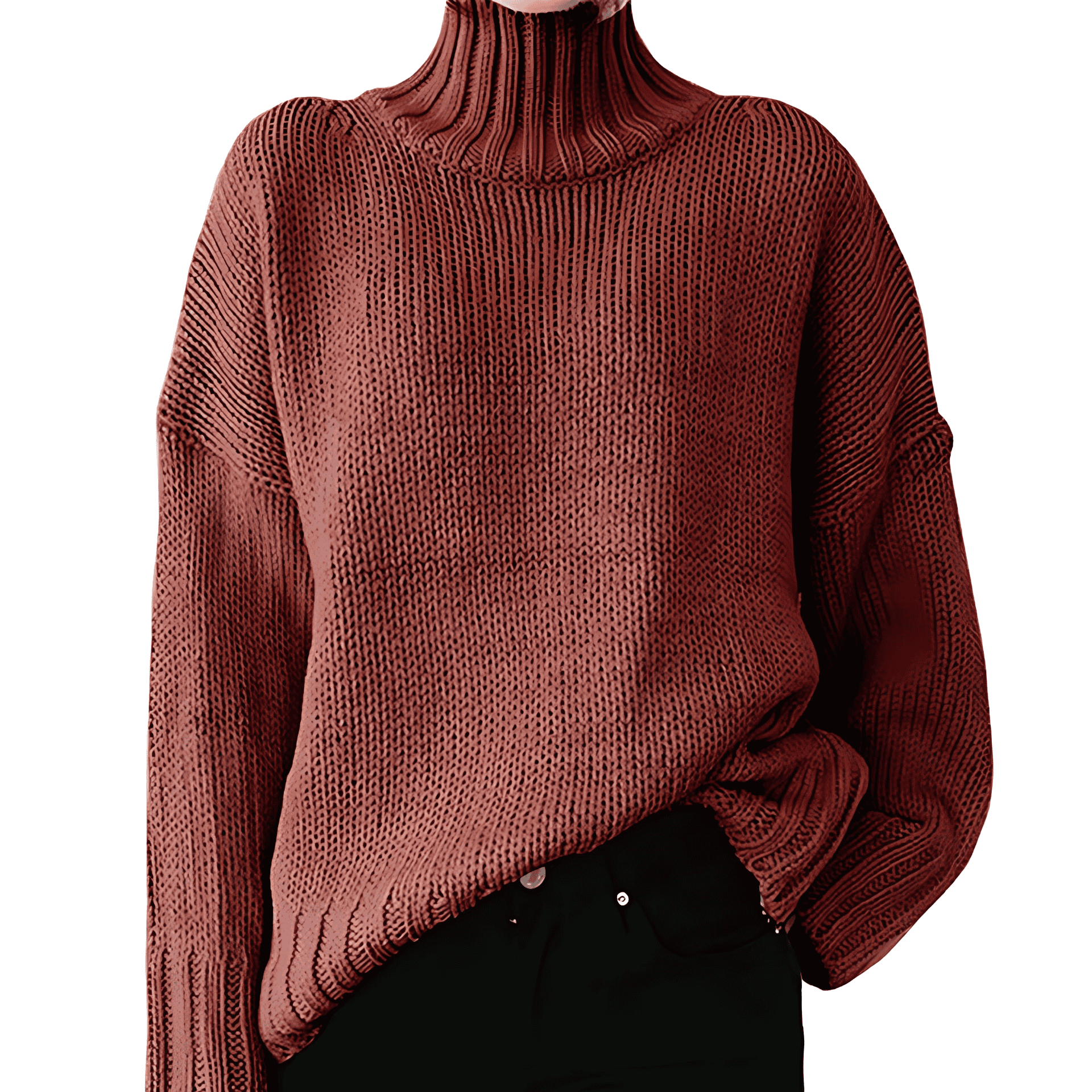Frau - Grobstrick-Pullover mit hohem Kragen - Bequemer Style für die kalte Jahreszeit - Strickpullover