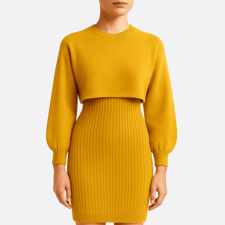 Damen - Kleid und Pullover Set - Midikleid mit Cropped Pullover - Stilvolles Strickset für jeden Anlass
