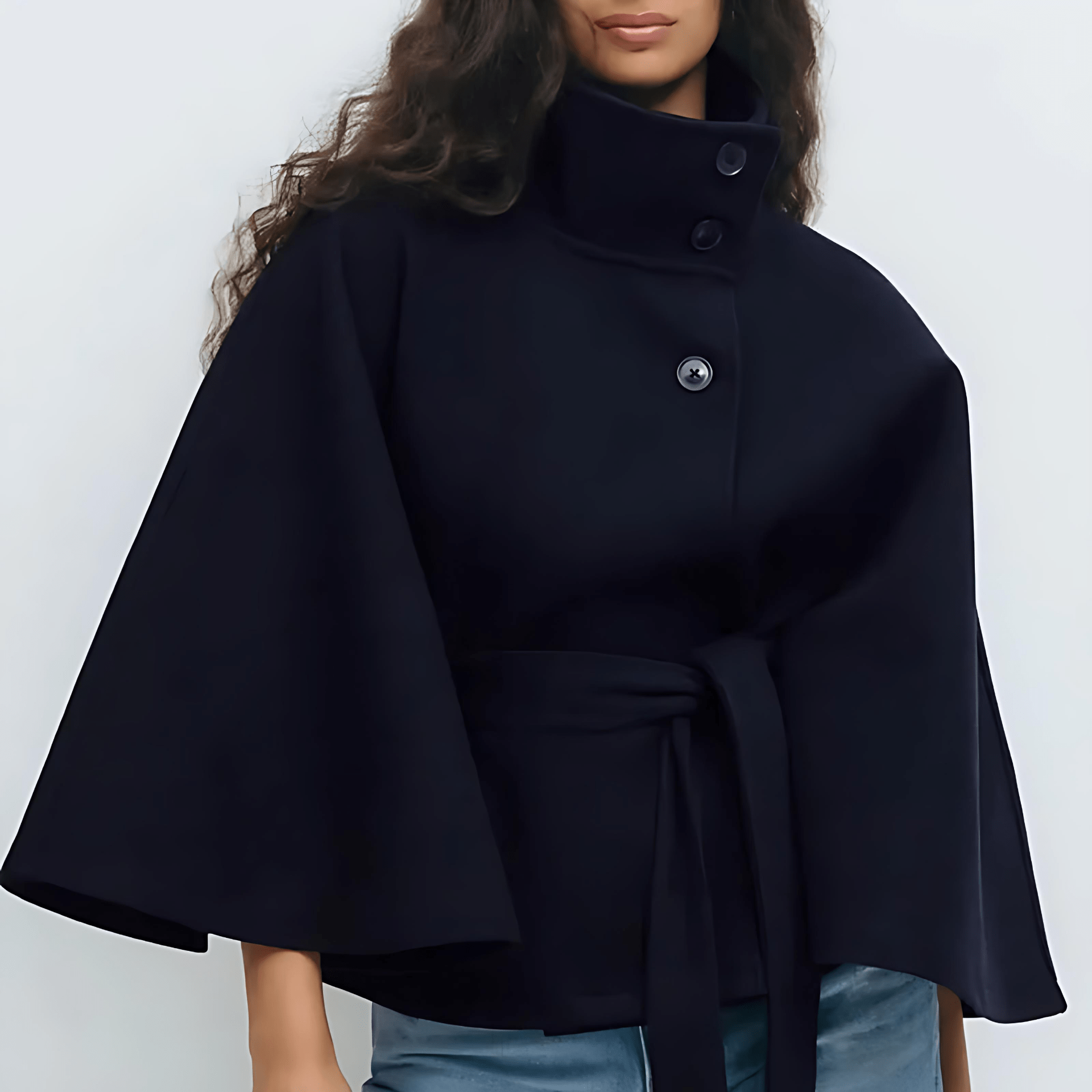 Damen - Kurzer Cape Mantel - Hochwertigem Material - Trichterausschnitt und Taillengürtel - Eleganter Stil