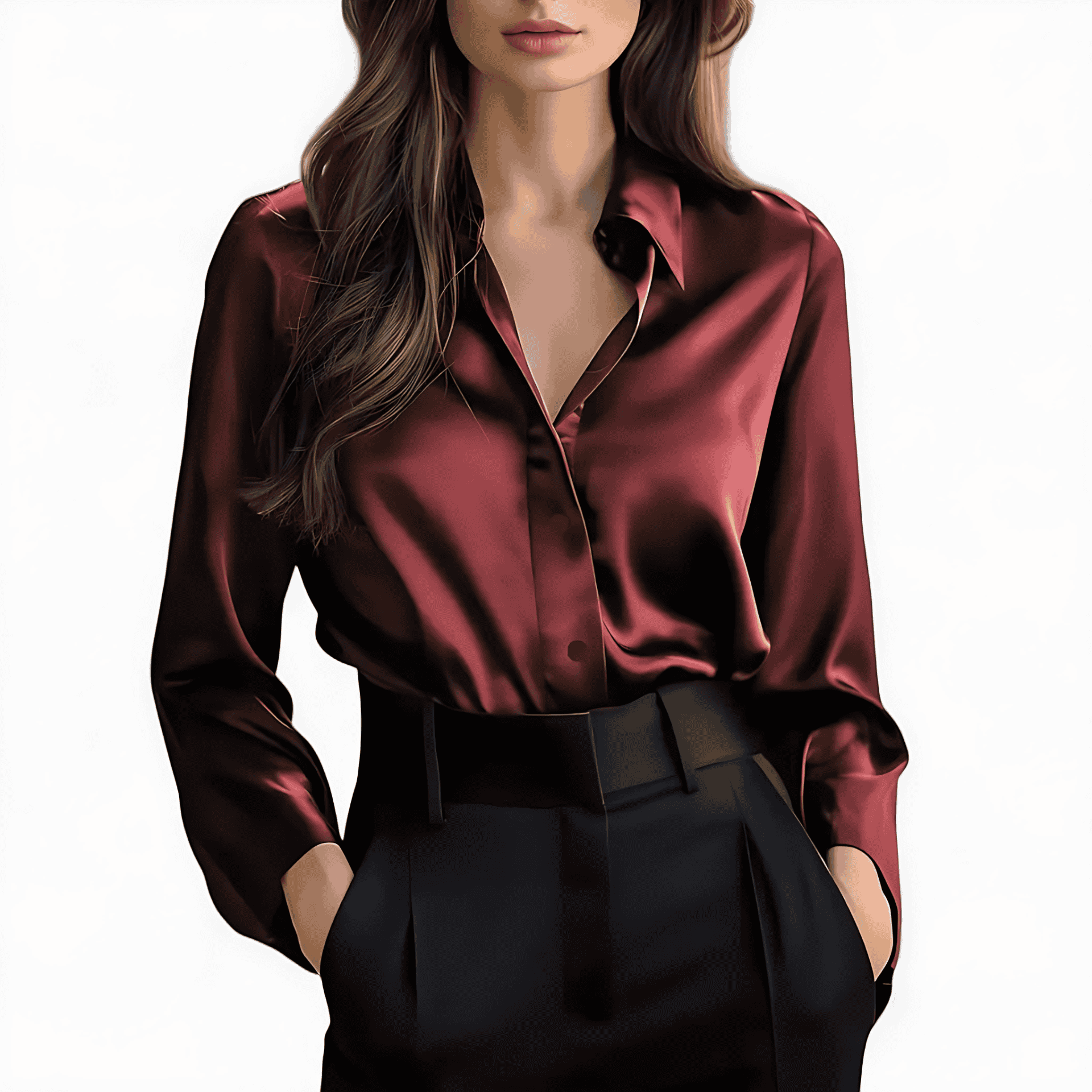 Damen - Langärmlige Satinbluse - Leichtem Polyester - Eleganter Stil für jeden Anlass