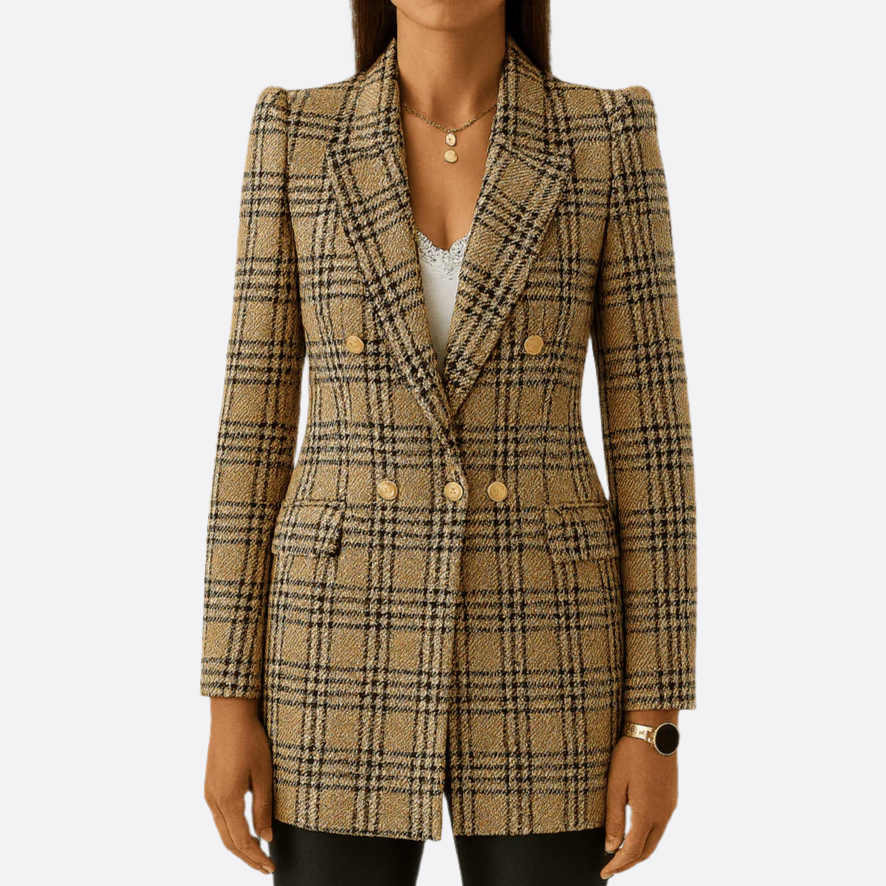 Damen - Langer karierter Blazer - Strapazierfähiges Material - Zweireiher - Modischer Look für jeden Anlass