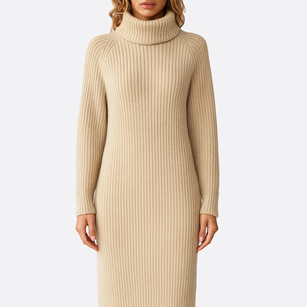 Damen - Midi Rollkragen Strickpullover Kleid - Bequemes Strickmaterial - Stilvolles Herbstoutfit