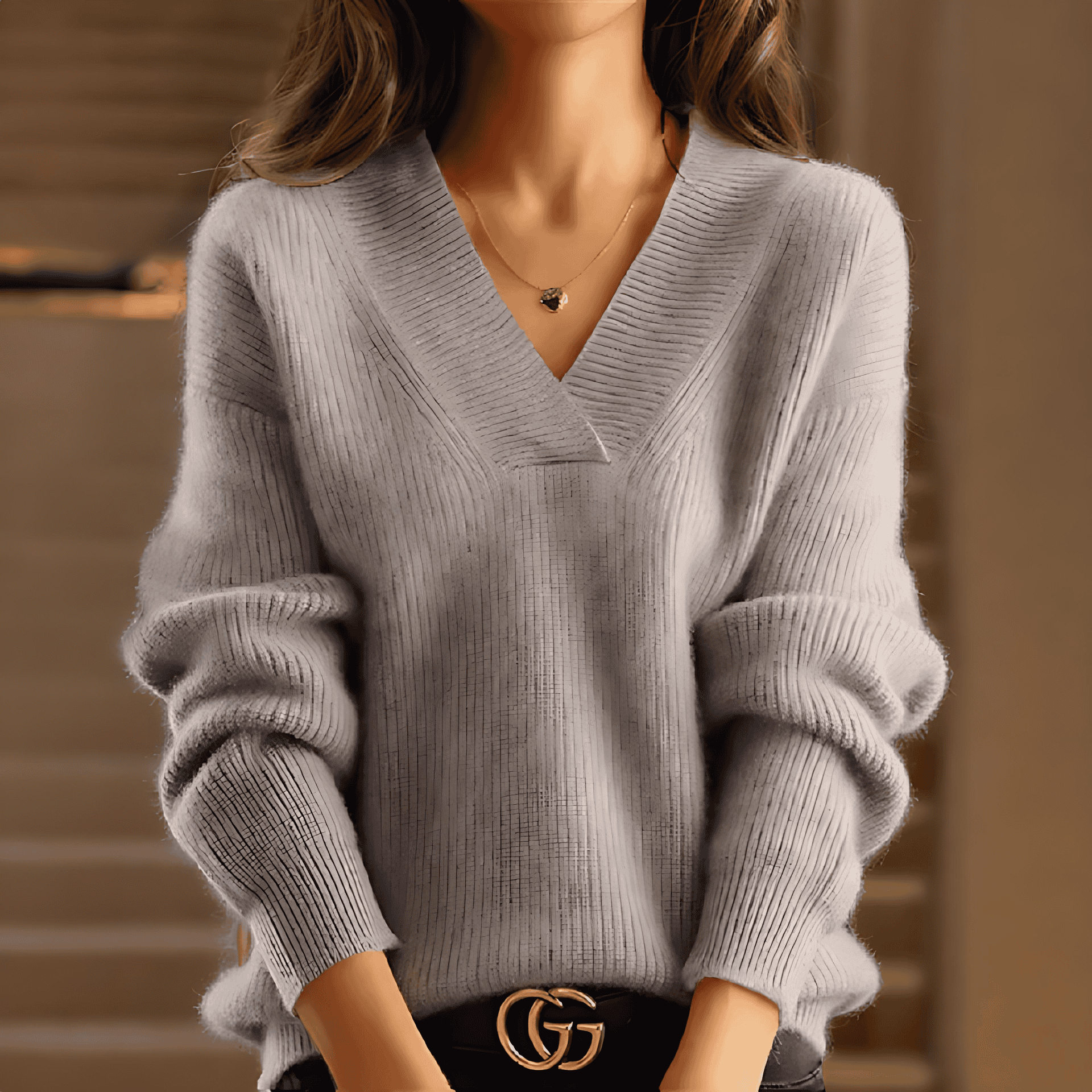 Damen - Pullover - V-Ausschnitt - Rippenstrick - Modischer Winterstil für Komfort und Eleganz