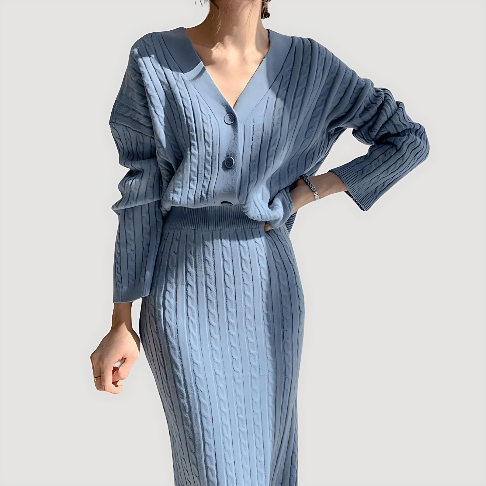 Damen - Strick Kombi Set - Midirock & Strickjacke - Weichem Material - Stilvolles Outfit für jede Gelegenheit