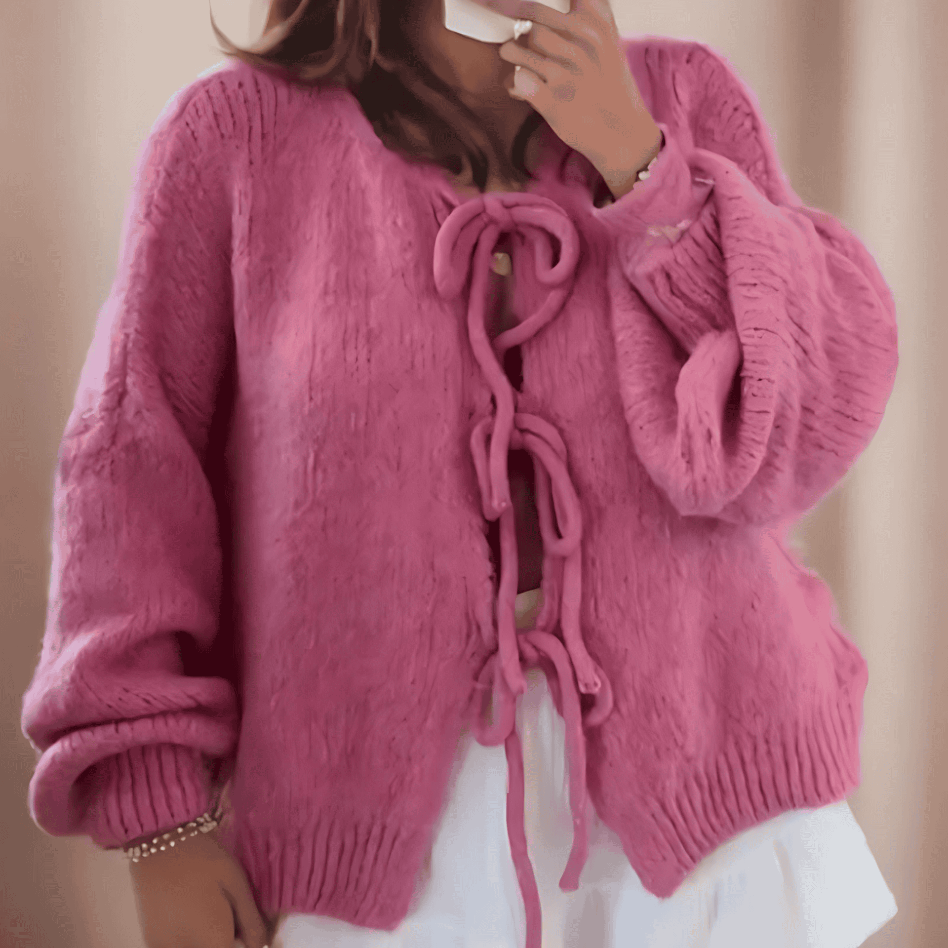 Damen - Strickjacke - Ballonärmeln und Schnürung - Modischer Knitwear-Style für jeden Anlass