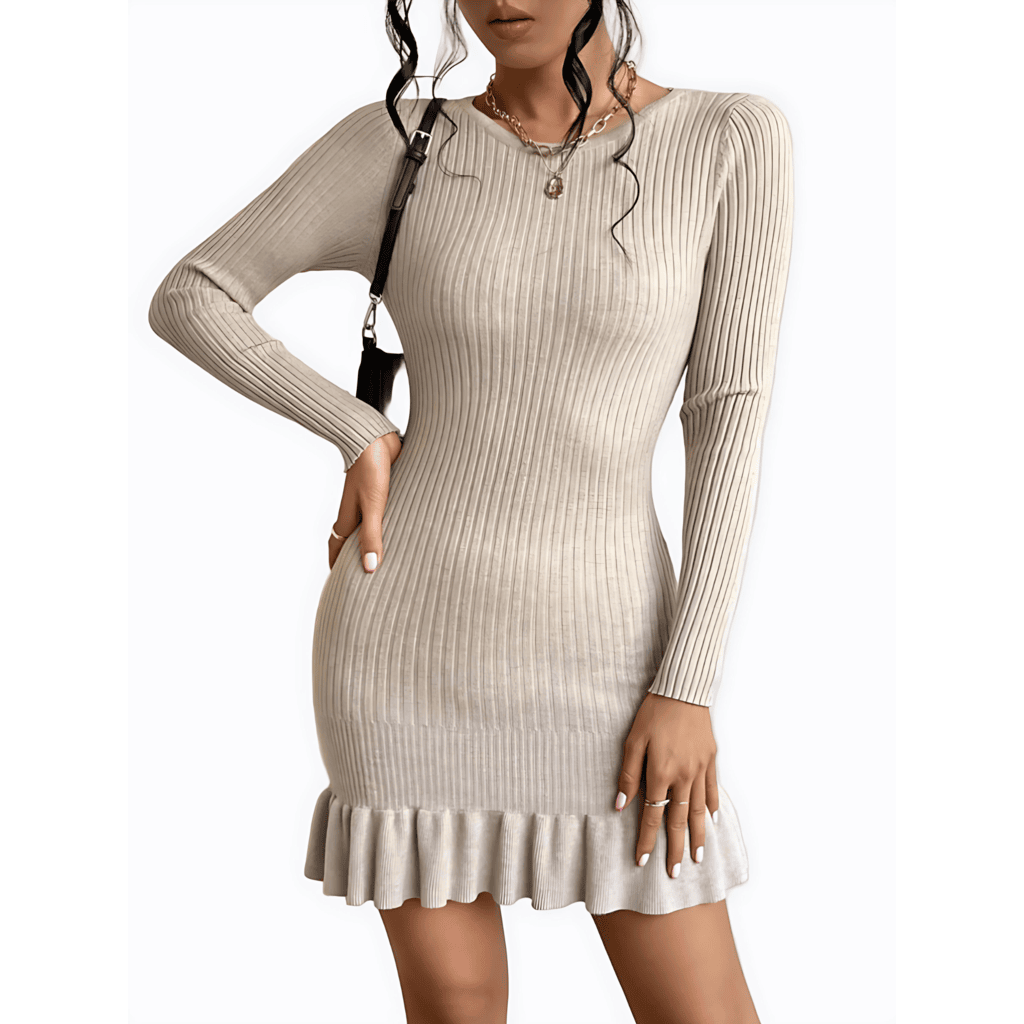 Damen - Strickkleid - Geraffter Saum & Rippenmuster - Modisches Strickdesign für jeden Anlass