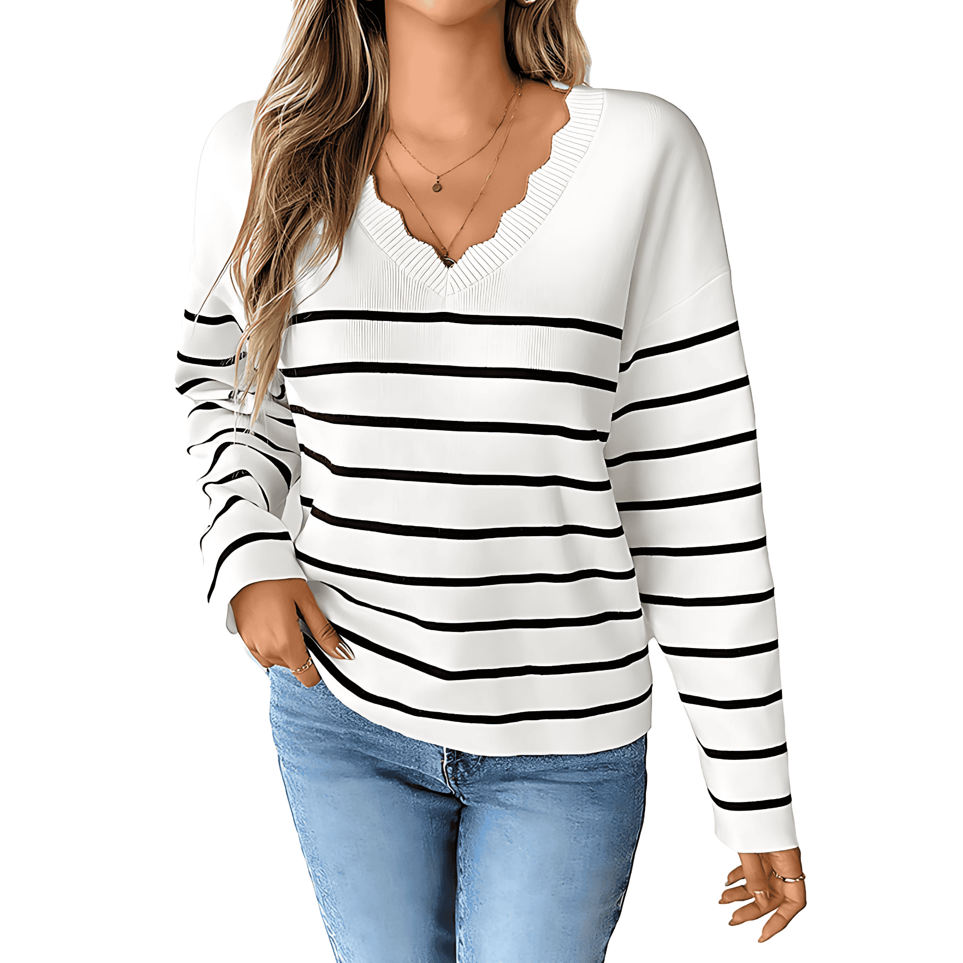 Damen - Strickpullover - V-Ausschnitt - Gestreift - Bequem und stilvoll für jeden Anlass