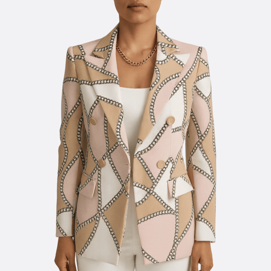 Damen - Taillierter Blazer - Zweireihig - Buntem Druck - Modischer Business-Look