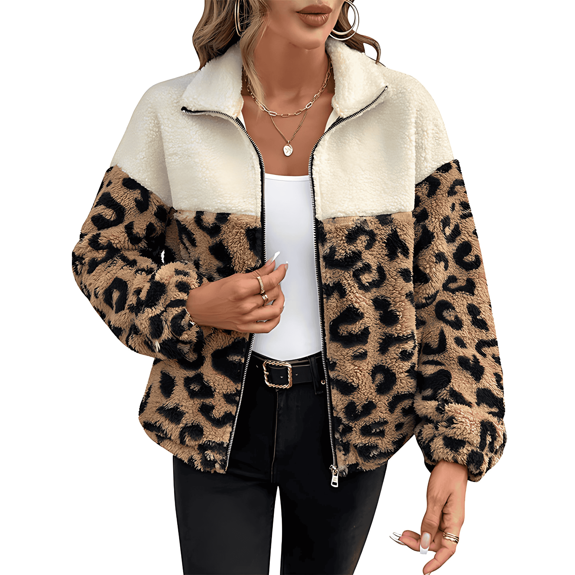 Damen - Teddy Jacke - Weiches Kunstpelz - Chic Leoparden Print - Trendige Oberbekleidung für stilvolles Aussehen
