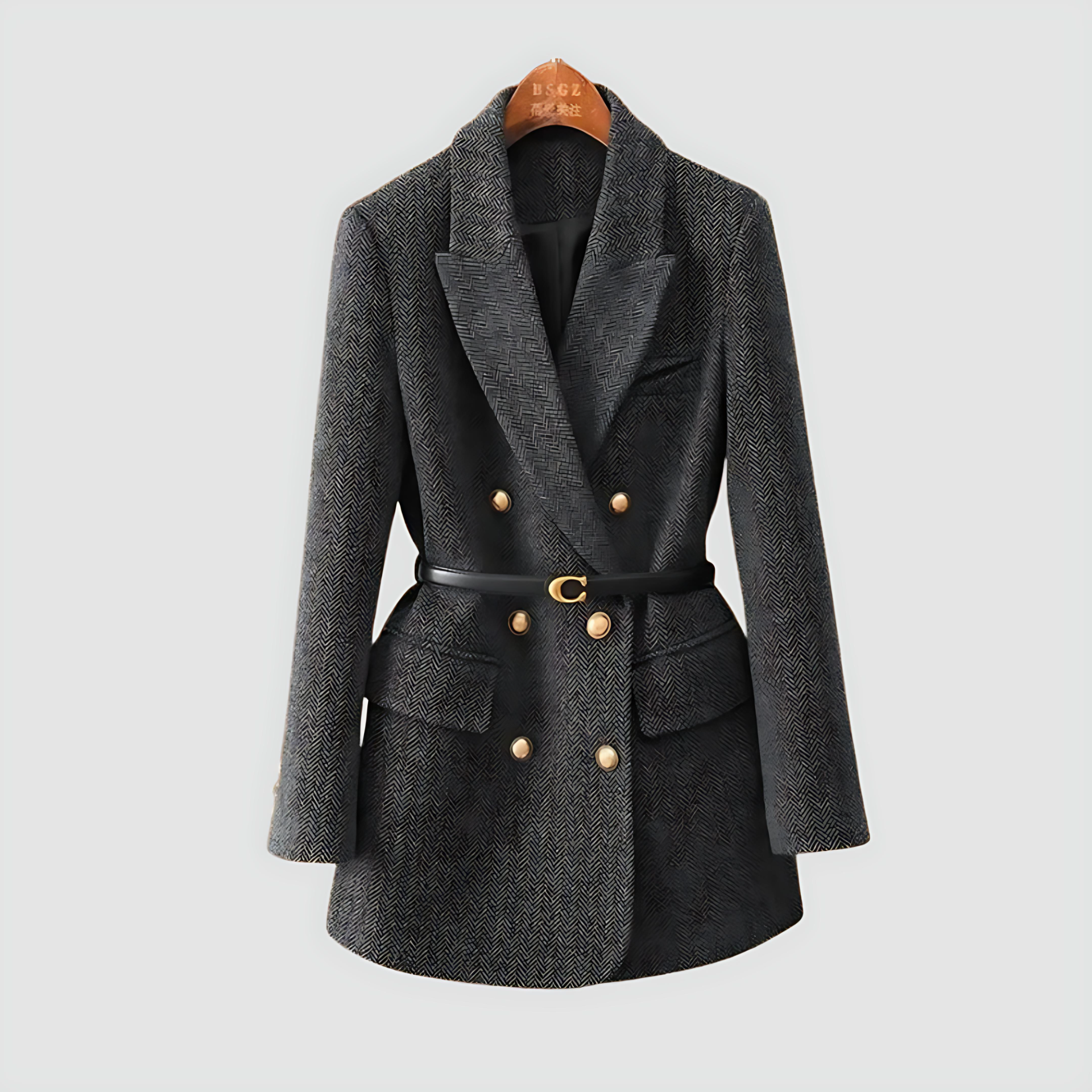 Damen - Tweed Blazermantel - Zweireihig mit Gürtel - Eleganter, stilvoller Mantel für jede Gelegenheit
