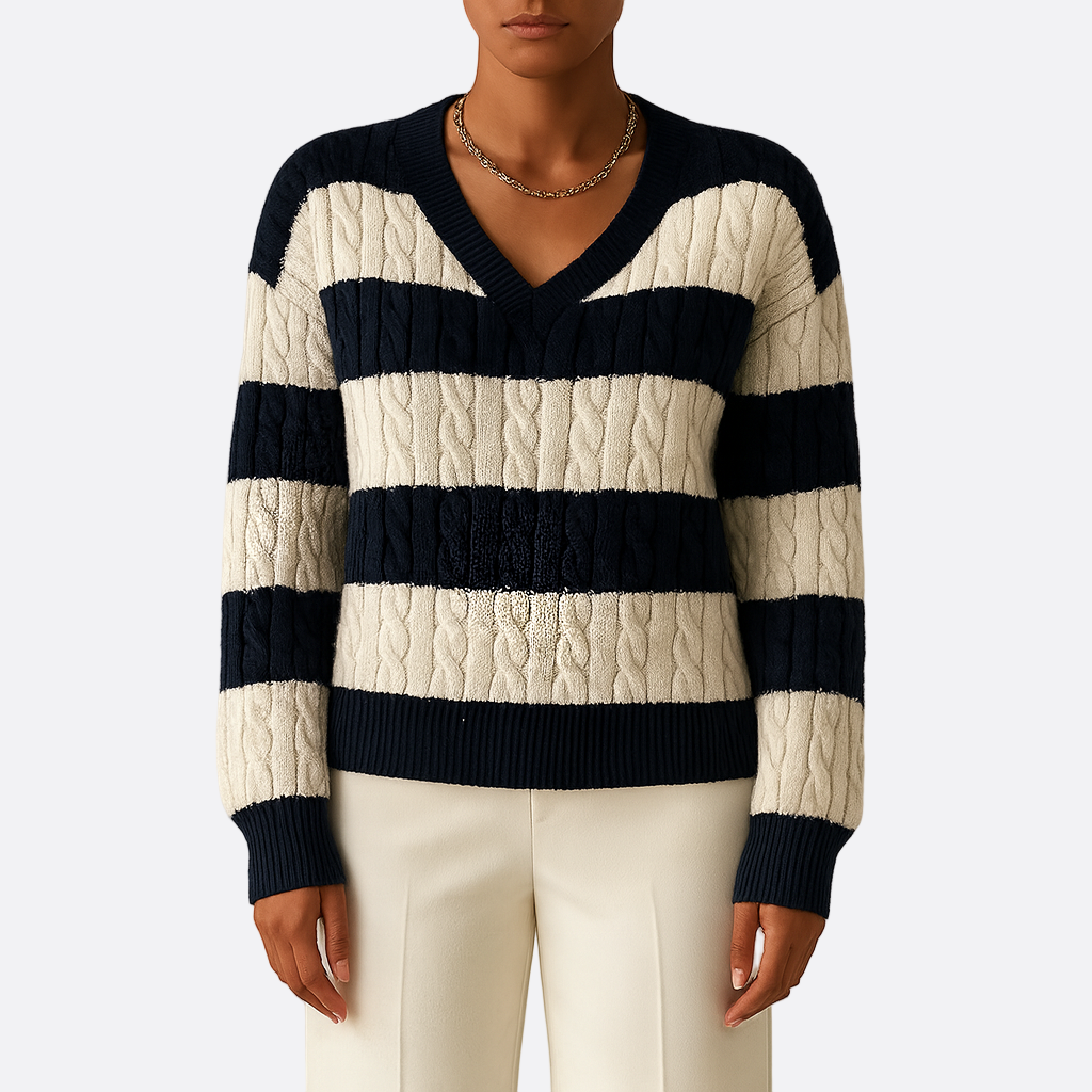 Damen - Übergroßer V-Ausschnitt Pullover - Kabelstrick, Gestreift - Bequeme Mode für jeden Tag